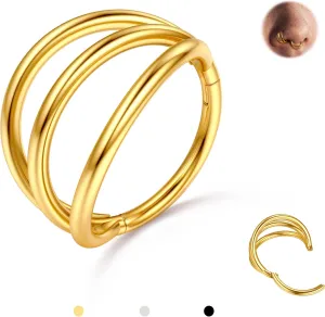 BodyBonita Triple/Double Hoop Nose Ring - G23 Titanium Septum Rings 16G/18G/20G CZ Nose Piercings Jewelry Conch Helix Daith Rook Tragus Cartilage Earring Hinged Nostril Piercing Gold/Black/Silver
