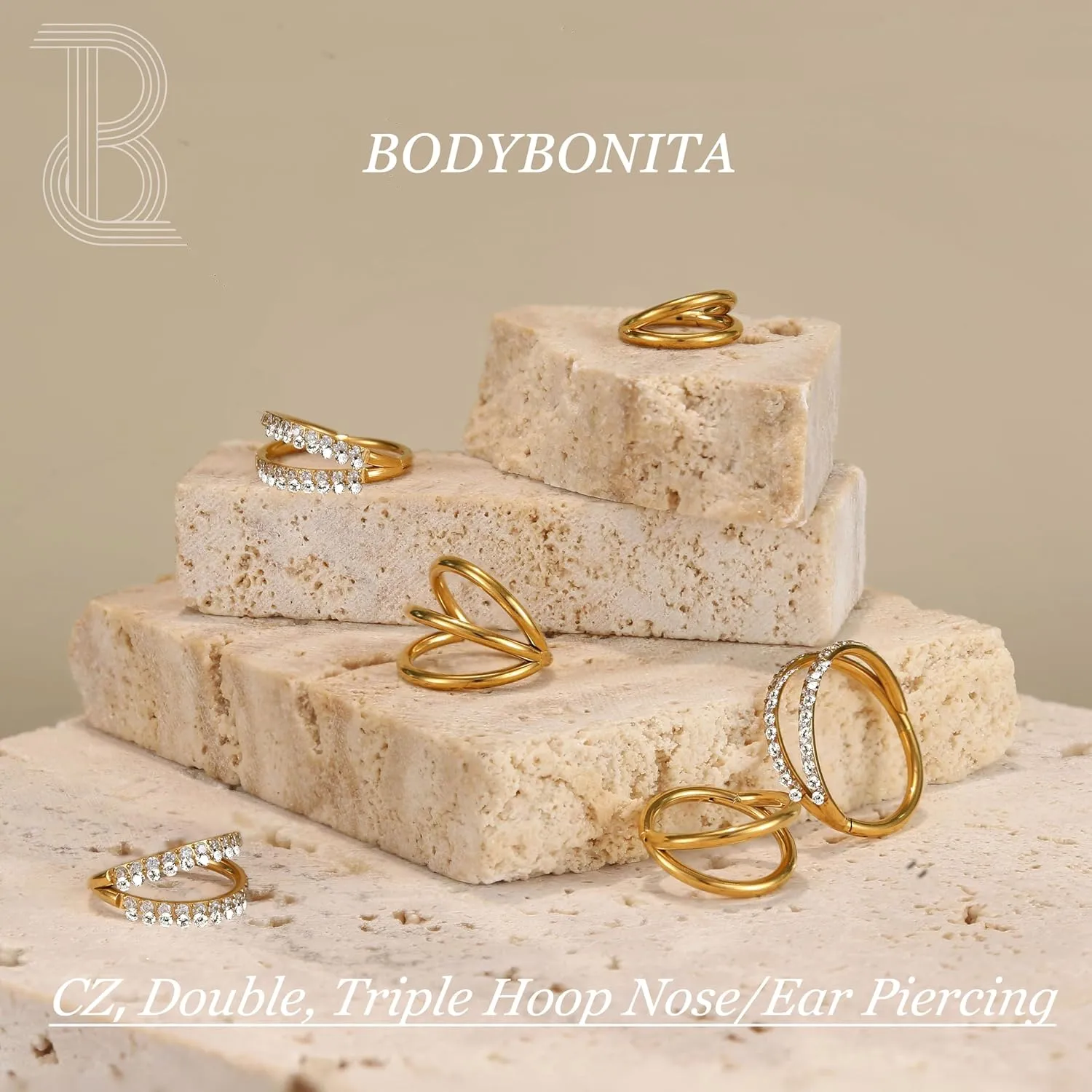 BodyBonita Triple/Double Hoop Nose Ring - G23 Titanium Septum Rings 16G/18G/20G CZ Nose Piercings Jewelry Conch Helix Daith Rook Tragus Cartilage Earring Hinged Nostril Piercing Gold/Black/Silver