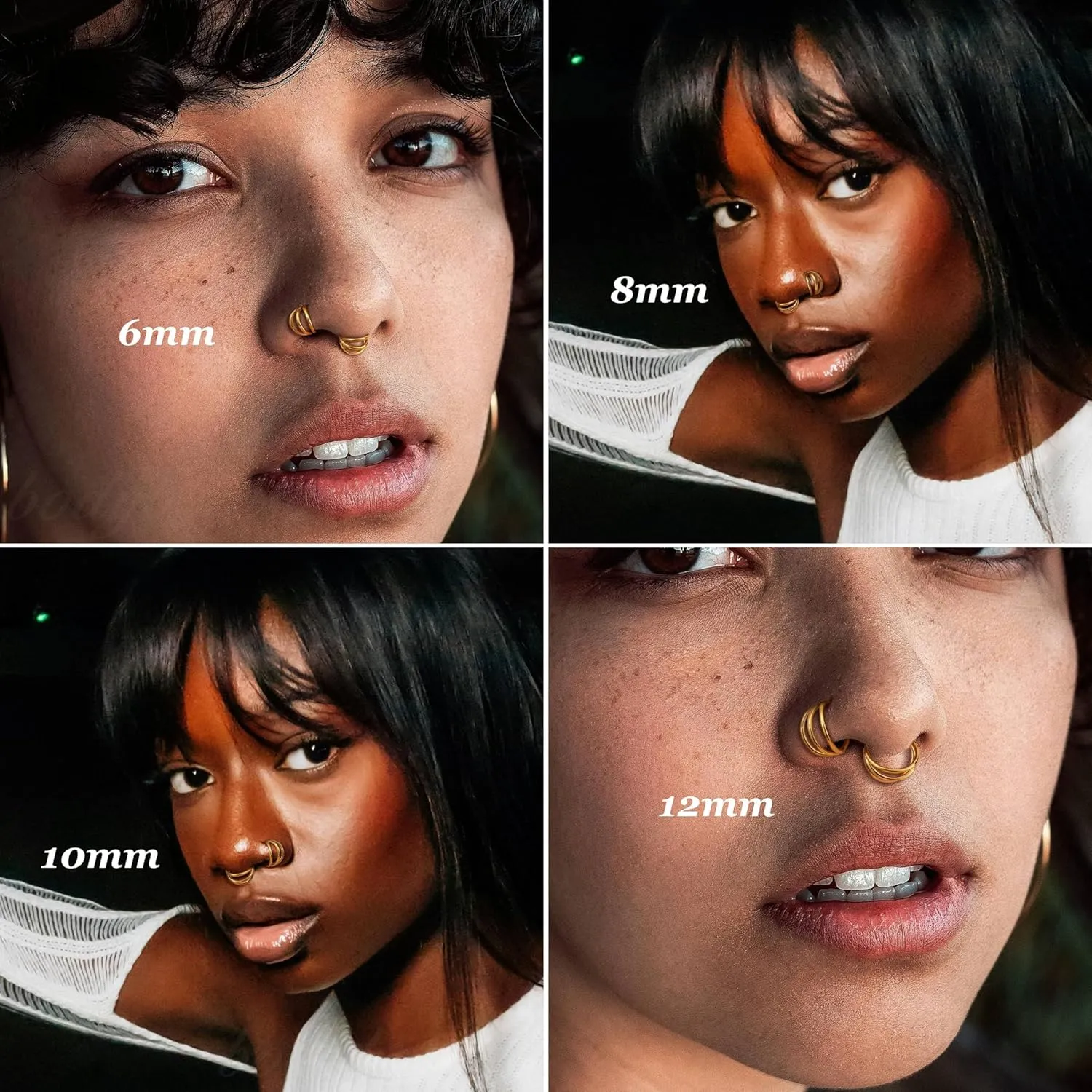 BodyBonita Triple/Double Hoop Nose Ring - G23 Titanium Septum Rings 16G/18G/20G CZ Nose Piercings Jewelry Conch Helix Daith Rook Tragus Cartilage Earring Hinged Nostril Piercing Gold/Black/Silver