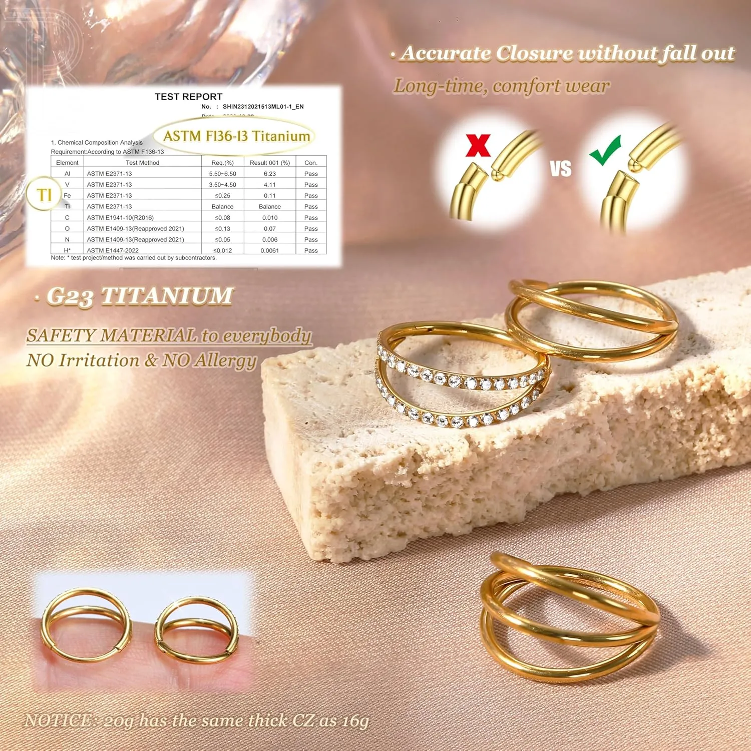BodyBonita Triple/Double Hoop Nose Ring - G23 Titanium Septum Rings 16G/18G/20G CZ Nose Piercings Jewelry Conch Helix Daith Rook Tragus Cartilage Earring Hinged Nostril Piercing Gold/Black/Silver