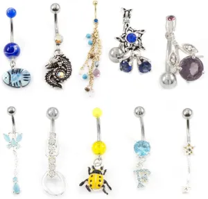 BodyJewelryOnline Belly Button Ring Fun Fest Pack of 10 Navel Rings with Unique Designs 14g