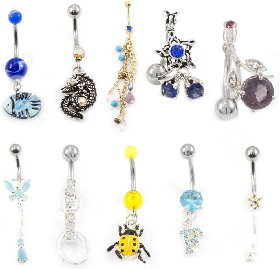 BodyJewelryOnline Belly Button Ring Fun Fest Pack of 10 Navel Rings with Unique Designs 14g