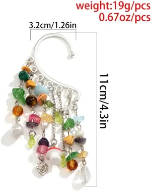 Bohemian Colorful Stones Ear Wrap For Women Fashion Mushroom Tassel Fake Piercing Ear Cuffs Earrings