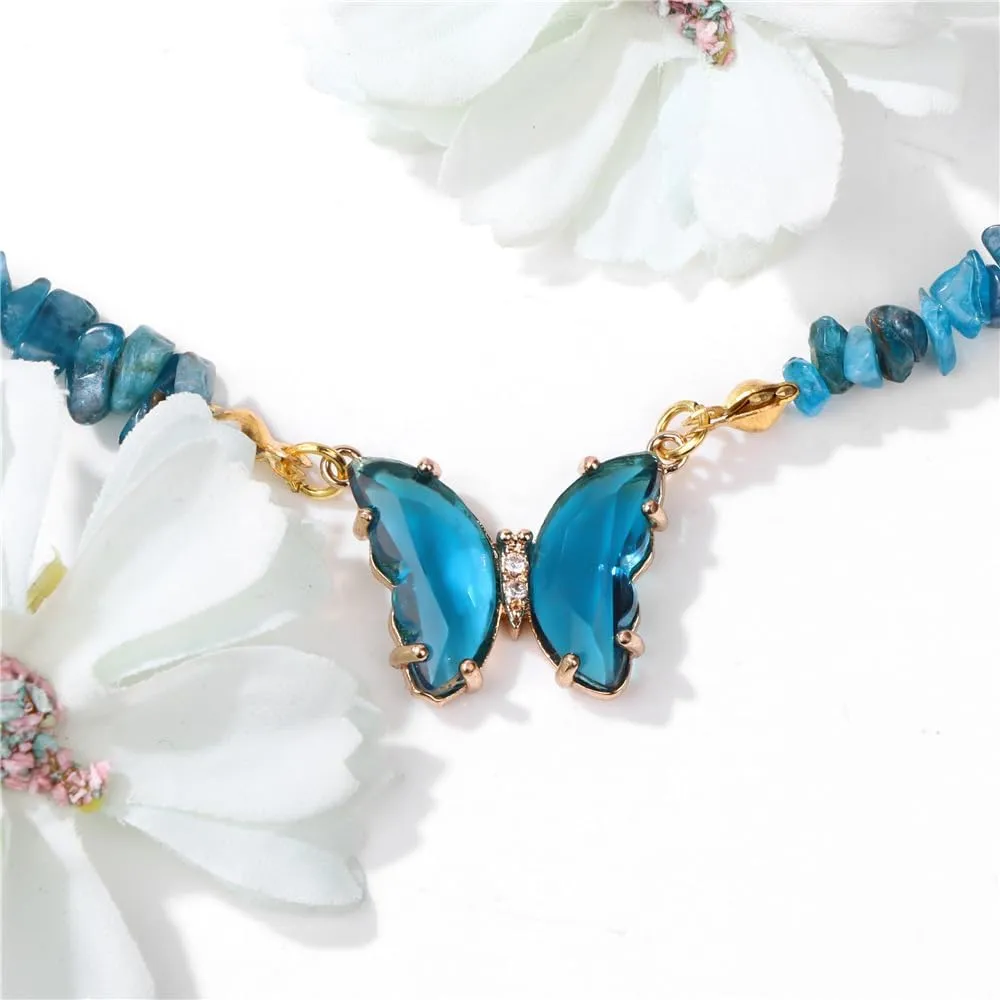 Bohemian Crystal Butterfly Necklaces Stress Relief Anxiety Yoga Pendant,Healing Natural Stone Mantra Choker for Women Teen Girls Friendship Birthday Mothers Day Gift Summer Beach Jewelry