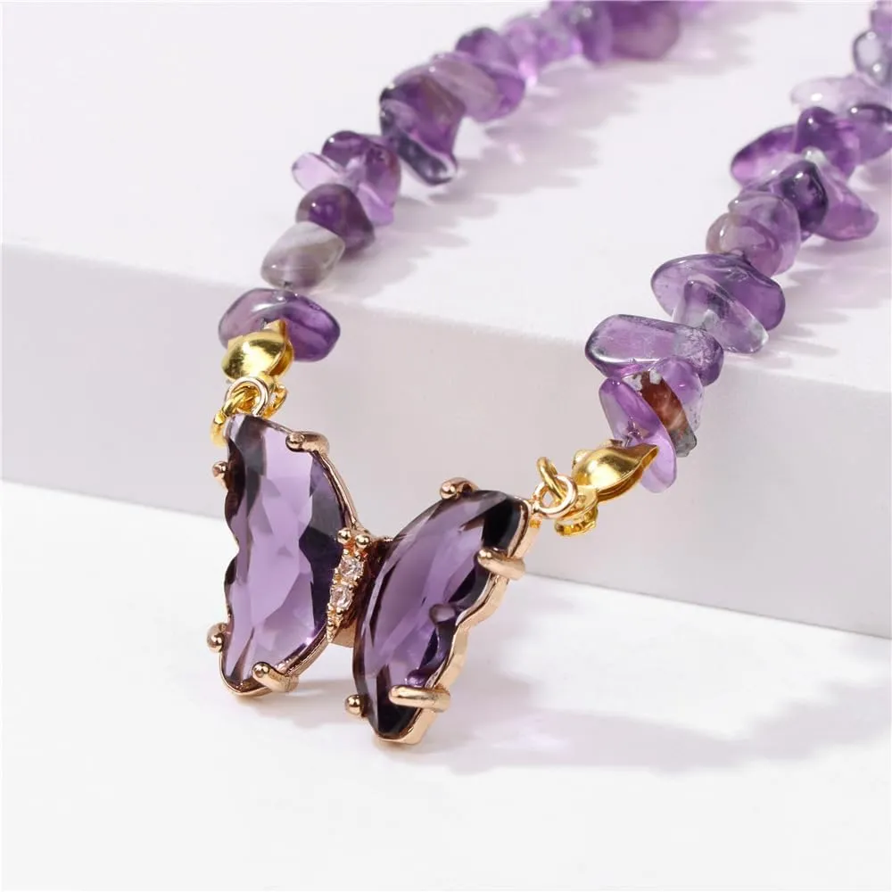 Bohemian Crystal Butterfly Necklaces Stress Relief Anxiety Yoga Pendant,Healing Natural Stone Mantra Choker for Women Teen Girls Friendship Birthday Mothers Day Gift Summer Beach Jewelry