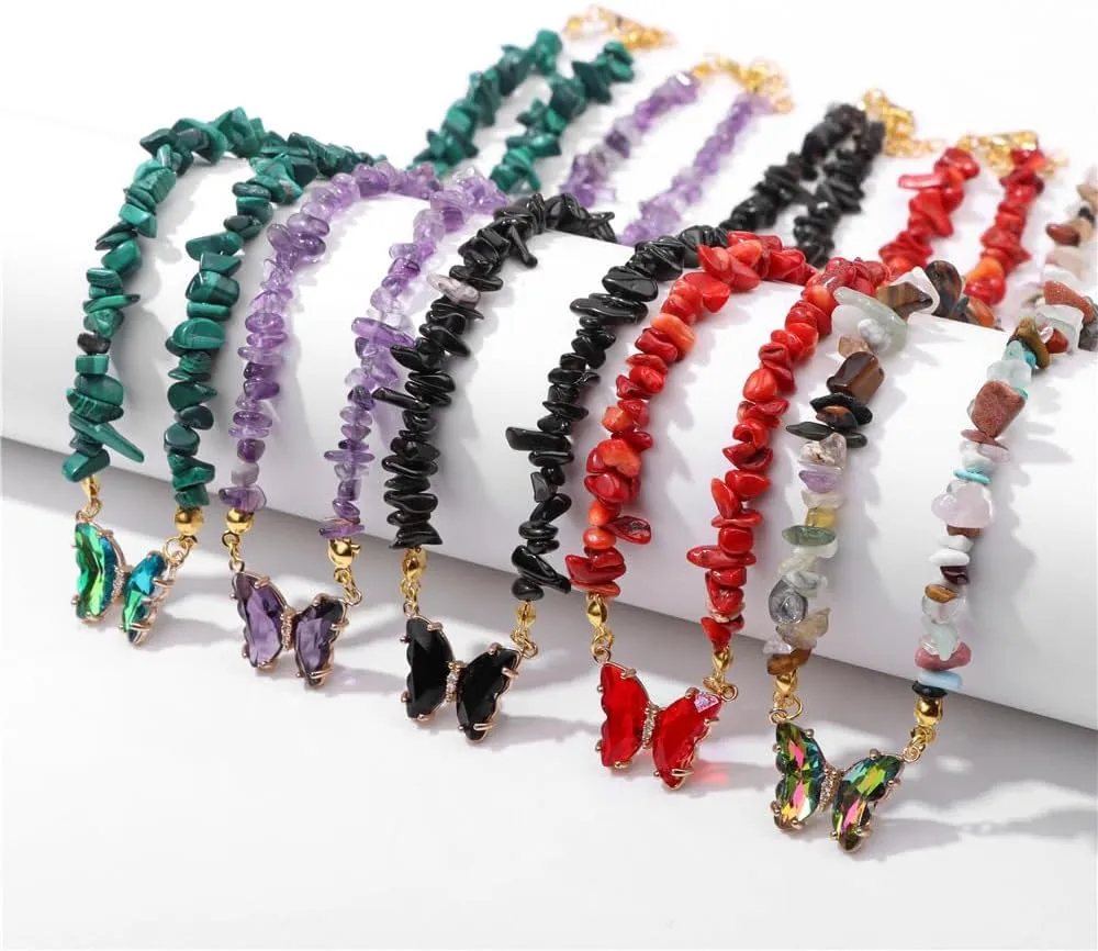 Bohemian Crystal Butterfly Necklaces Stress Relief Anxiety Yoga Pendant,Healing Natural Stone Mantra Choker for Women Teen Girls Friendship Birthday Mothers Day Gift Summer Beach Jewelry