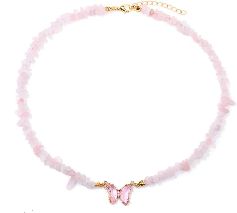 Bohemian Crystal Butterfly Necklaces Stress Relief Anxiety Yoga Pendant,Healing Natural Stone Mantra Choker for Women Teen Girls Friendship Birthday Mothers Day Gift Summer Beach Jewelry