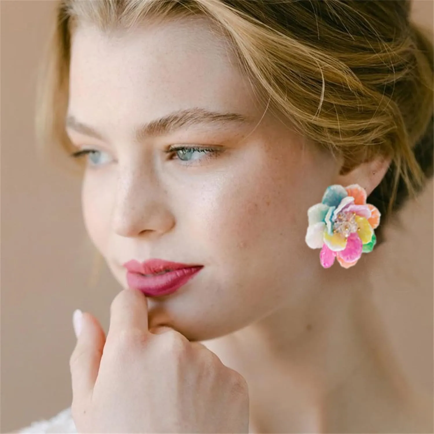 Bohemian Crystal Flower Earrings for Women Fashion Exaggerated Layered Tiered Flower Stud Earrings Handmade Boho Spring Petals Earrings Statement Summer Vacation Jewelry Gift