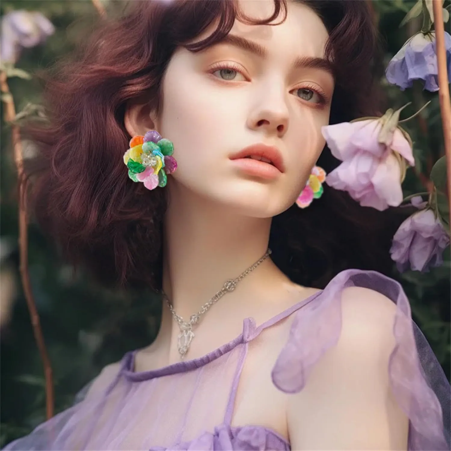 Bohemian Crystal Flower Earrings for Women Fashion Exaggerated Layered Tiered Flower Stud Earrings Handmade Boho Spring Petals Earrings Statement Summer Vacation Jewelry Gift