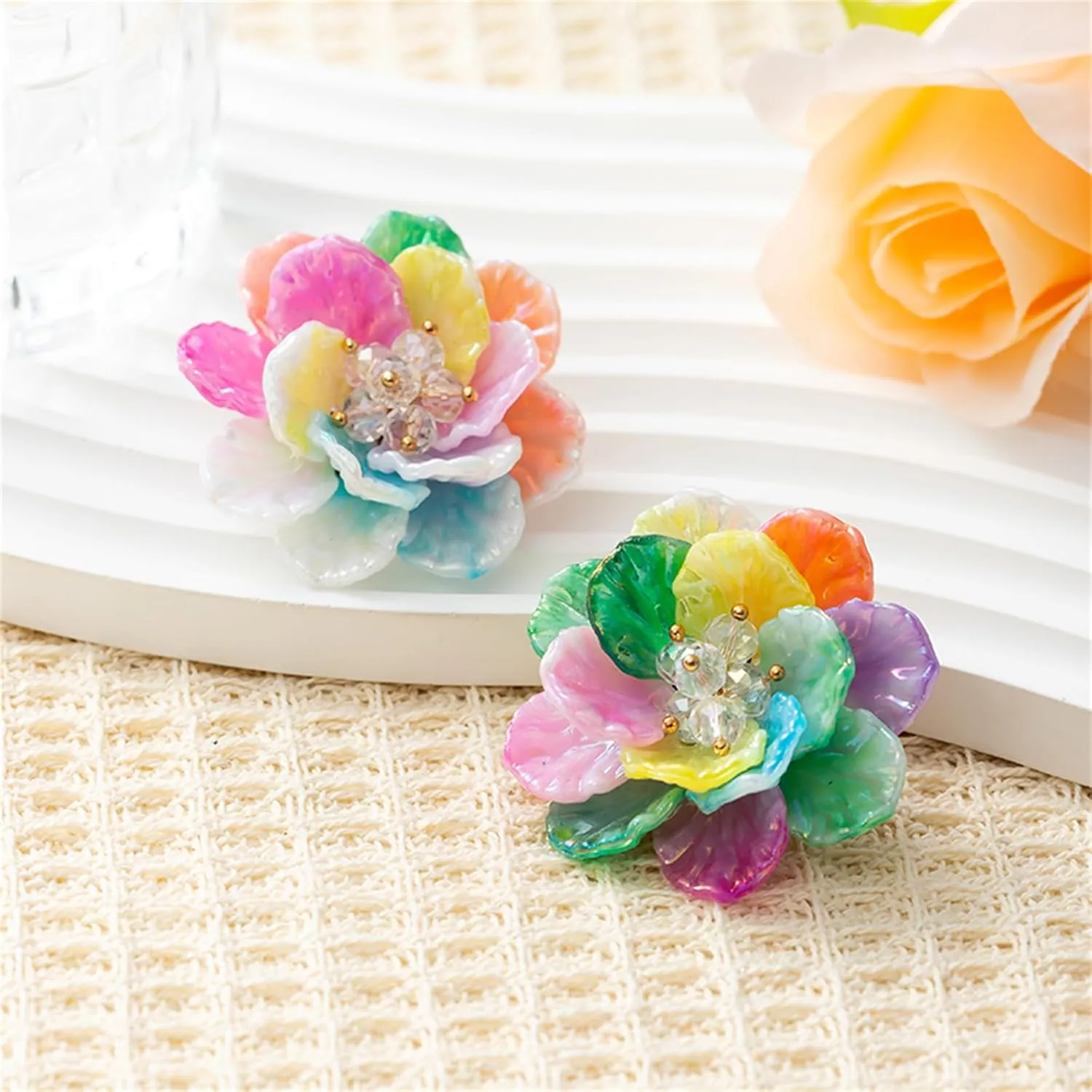 Bohemian Crystal Flower Earrings for Women Fashion Exaggerated Layered Tiered Flower Stud Earrings Handmade Boho Spring Petals Earrings Statement Summer Vacation Jewelry Gift