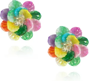 Bohemian Crystal Flower Earrings for Women Fashion Exaggerated Layered Tiered Flower Stud Earrings Handmade Boho Spring Petals Earrings Statement Summer Vacation Jewelry Gift