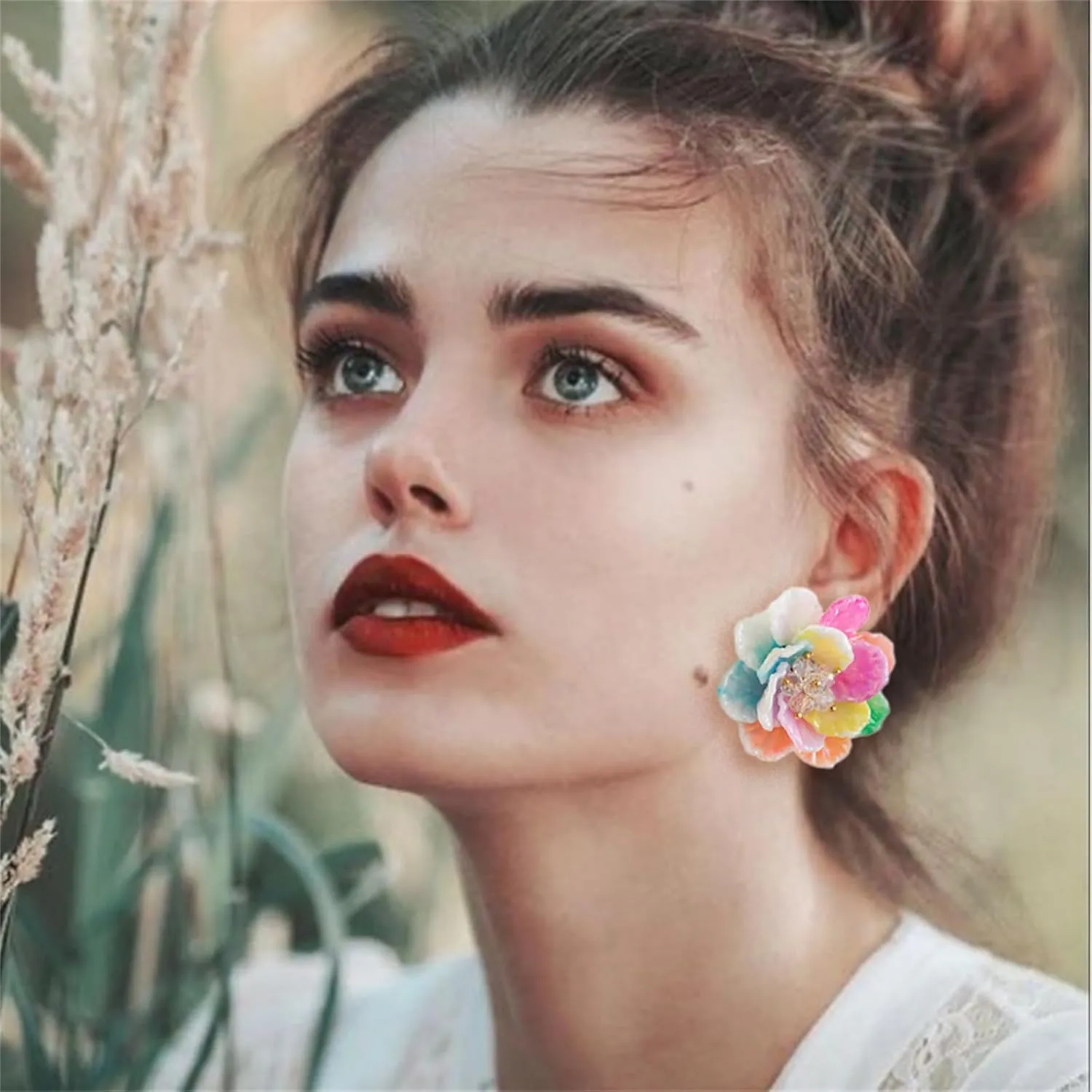 Bohemian Crystal Flower Earrings for Women Fashion Exaggerated Layered Tiered Flower Stud Earrings Handmade Boho Spring Petals Earrings Statement Summer Vacation Jewelry Gift