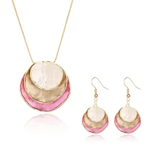 Bohemian Hammered Coin Necklace Earrings Set for Women Vintage Silver Gold Gypsy Big Disc Coins Earrings 3-layer Colorful Necklace Simple Trendy Roman Art Jewelry Set (Gold Green Pink)