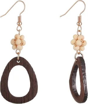 Bohemian Wooden Hoop Dangle Earrings - Handmade Geometric Drop Earrings, Wooden Jewelry for Sisters, Lover