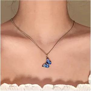 Boho Acrylic Butterfly Necklace Necklace Choker Blue Butterfly Pendant Necklace Tiny Enamel Butterfly Necklace Insect Butterfly Charm Necklace Jewelry for Women and Girls