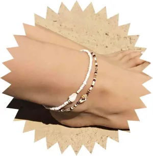 Boho Beaded Anklet Handmade Shell Beaded Ankle Bracelet Adjustable Stretch Ankle Chains 2Pcs Foot Jewelry for Women and Girls