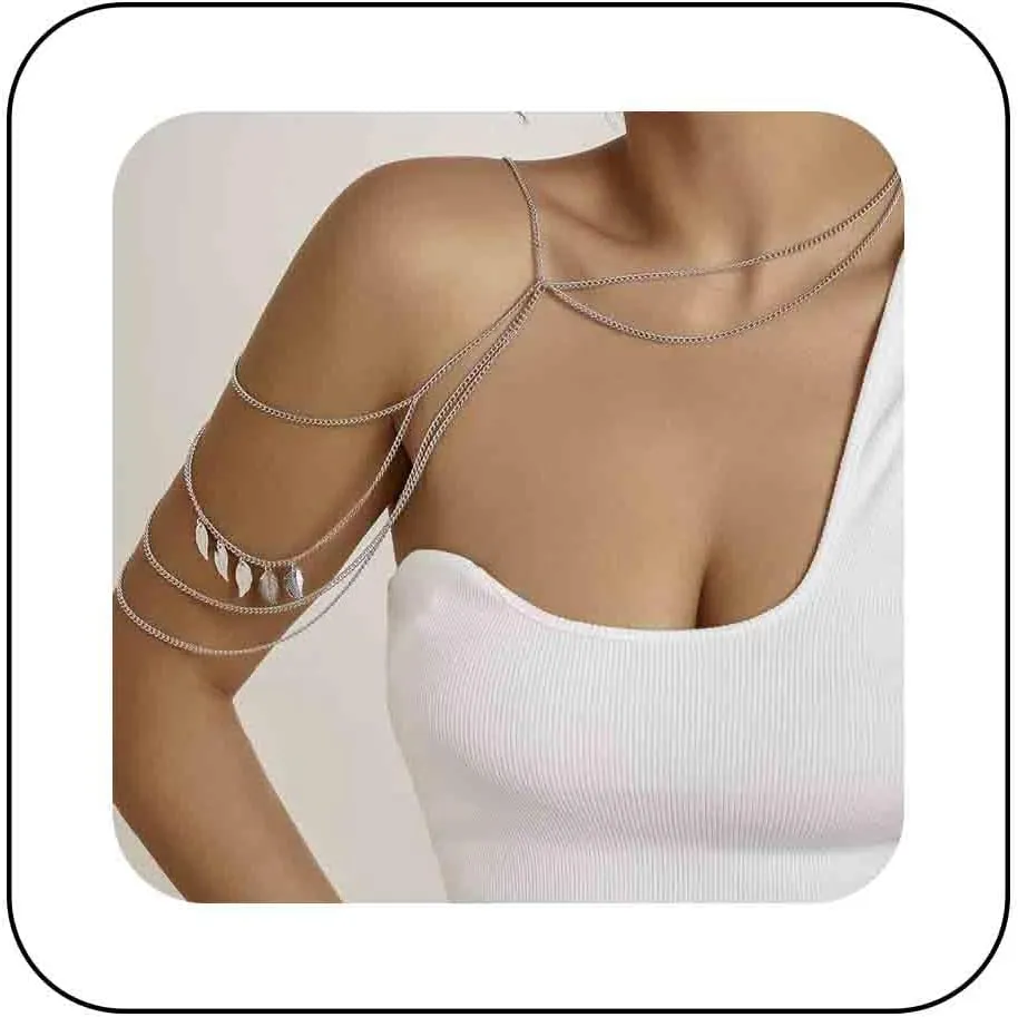 Boho Multilayer Body Chain Gold Leaf Fringe Shoulder Chain Necklace Layered Tassel Shoudler Harness Sexy Bra Chain Statement Shoulder Necklace Ethnic Style Jewelry for Women