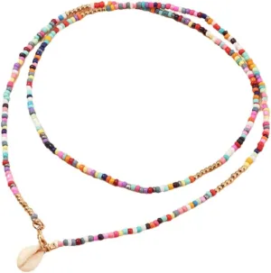 Boho Rainbow Beaded Necklace Layered Neck Chain Multi Color Bead Choker Necklaces Shell Star Butterfly Collar Jewelry Colorful Flower Chain Beach Travel Hawaiian Costume Jewelry-Shell