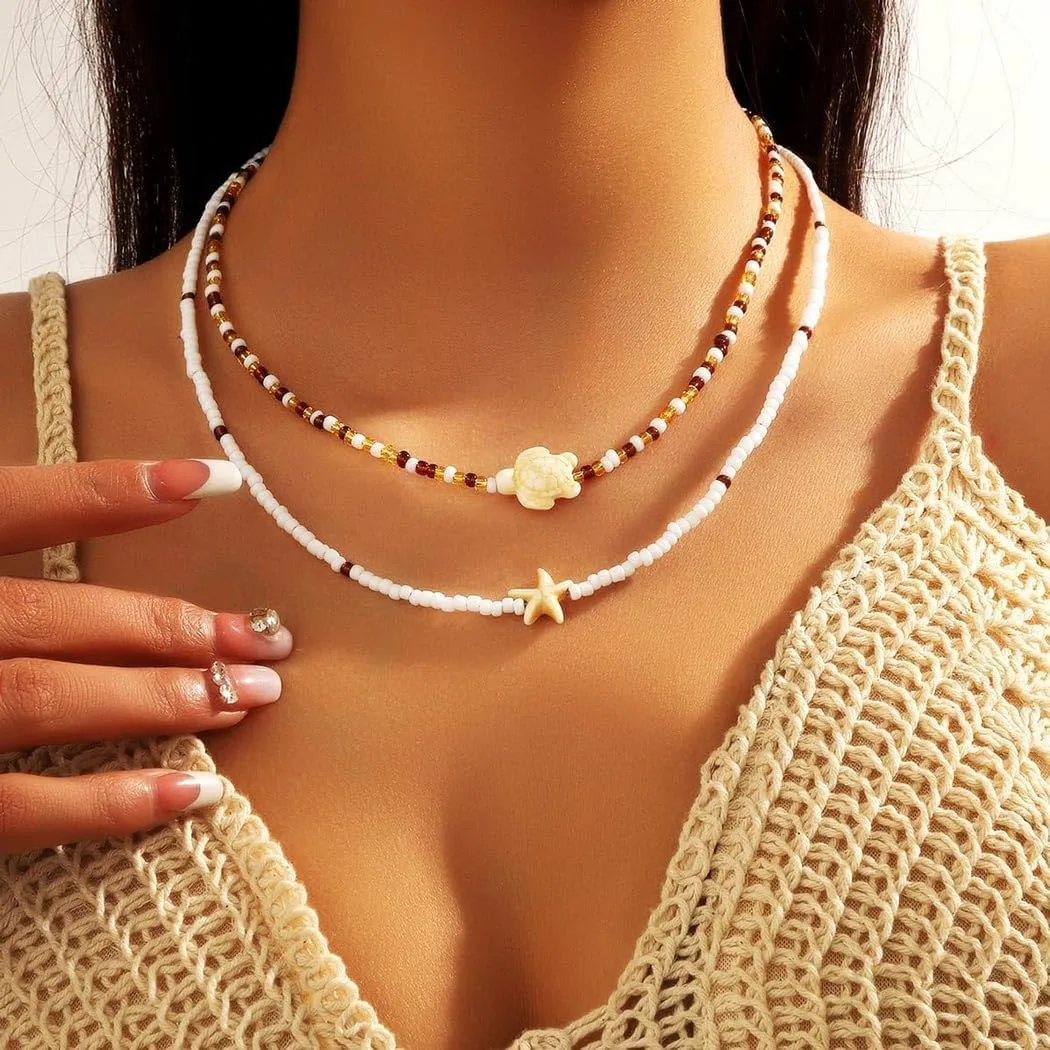 Boho Shell Necklace for Women Seashell Pearl Beaded Choker Necklace Layered Turtle Starfish Necklace Summer Beach Adjustable Necklace Jewelry for Women