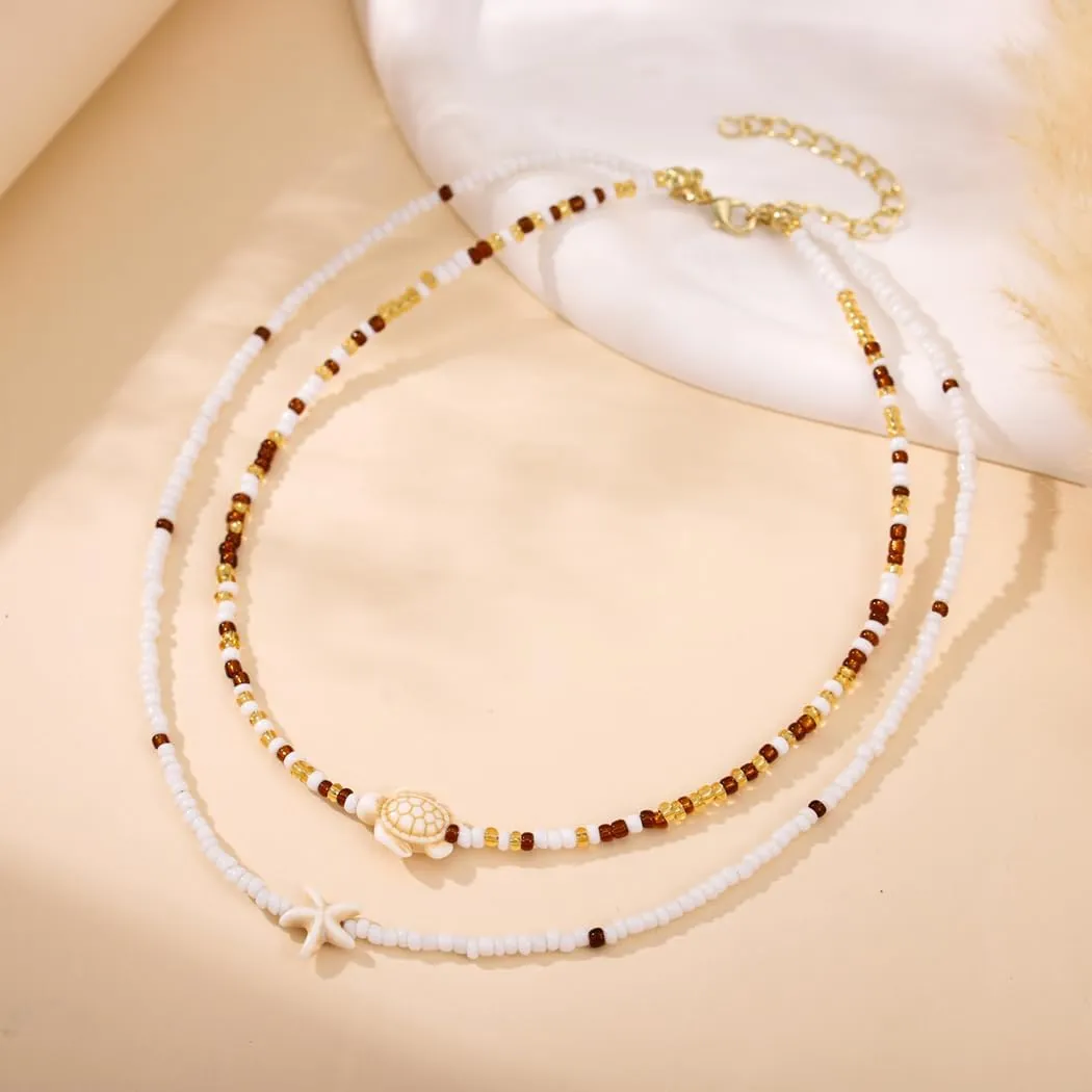 Boho Shell Necklace for Women Seashell Pearl Beaded Choker Necklace Layered Turtle Starfish Necklace Summer Beach Adjustable Necklace Jewelry for Women