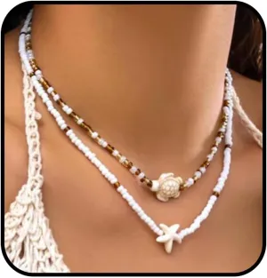 Boho Shell Necklace for Women Seashell Pearl Beaded Choker Necklace Layered Turtle Starfish Necklace Summer Beach Adjustable Necklace Jewelry for Women