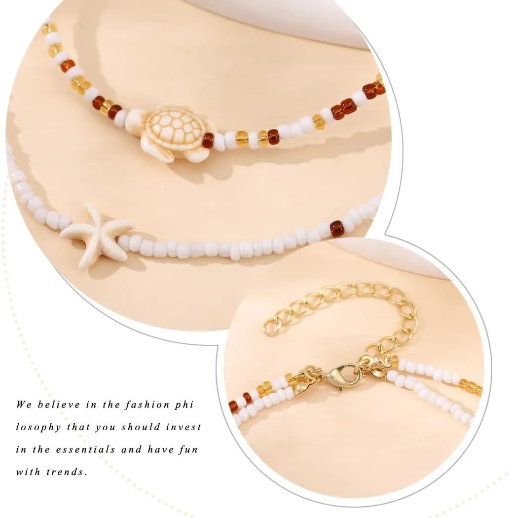 Boho Shell Necklace for Women Seashell Pearl Beaded Choker Necklace Layered Turtle Starfish Necklace Summer Beach Adjustable Necklace Jewelry for Women