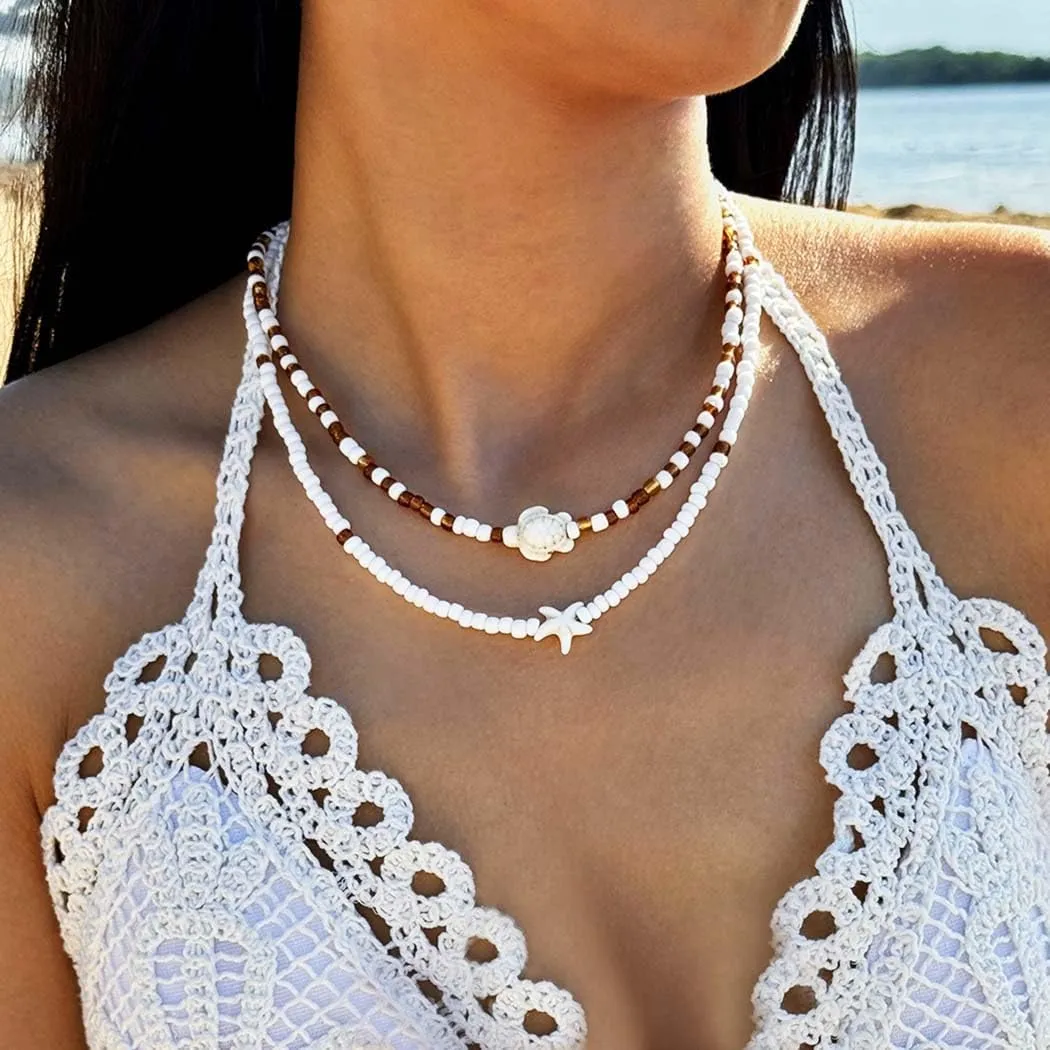 Boho Shell Necklace for Women Seashell Pearl Beaded Choker Necklace Layered Turtle Starfish Necklace Summer Beach Adjustable Necklace Jewelry for Women