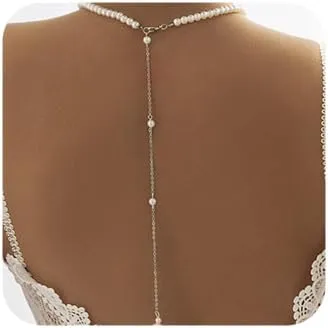 Boho Simple Bridal Back Jewelry Necklace Pearl Backdrop Choker Necklaces Party Wedding Prom Drop Pearls Necklace Body Chain for Women Bridesmaids