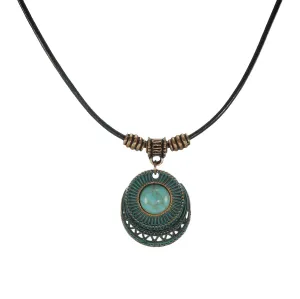 Boho Vintage Style Round Copper Turquoise Pendant with Black Leather Cord Necklace - 18 or 20 inch (20, copper, black, turquoise)