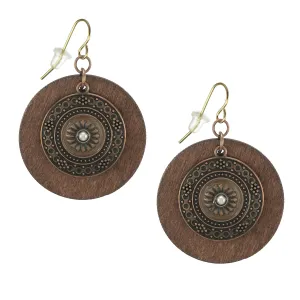 Boho Vintage Style Round Wood Copper Patina Medallion Earrings, 18K Gold Earrings