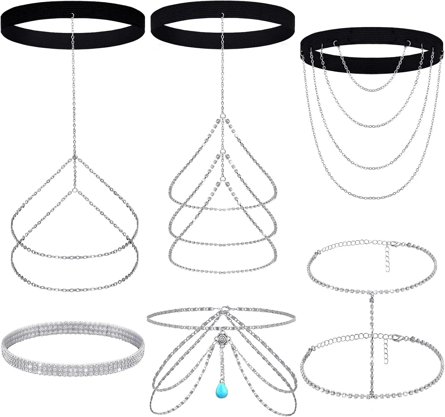 Bonuci 6 Pcs Crystal Leg Chain Women's Body Chains Layered Body Jewelry Party Thigh Chain Thigh Jewelry Accessories for Women