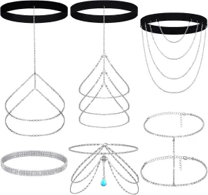 Bonuci 6 Pcs Crystal Leg Chain Women's Body Chains Layered Body Jewelry Party Thigh Chain Thigh Jewelry Accessories for Women