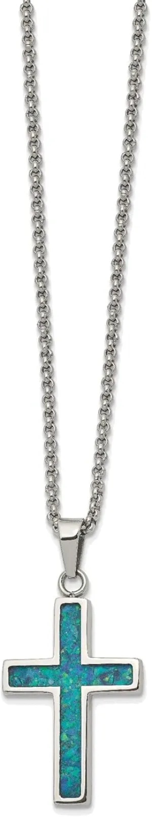 Bonyak Jewelry Chisel Stainless Steel Polished w/Imitation Opal Small Cross Pendant on a 22 i