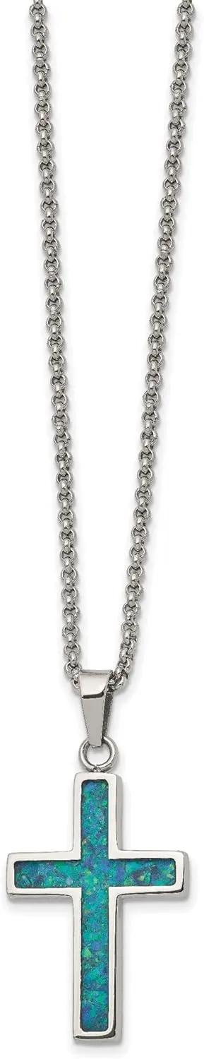 Bonyak Jewelry Chisel Stainless Steel Polished w/Imitation Opal Small Cross Pendant on a 22 i