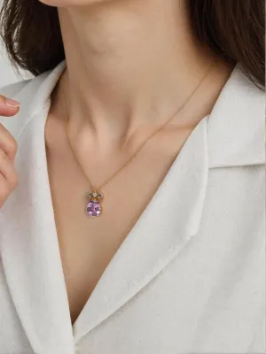 Bow Necklace for Women Pink Crystal Zirconia Pendant Necklace 18K Gold Plated Adjustable Chain Jewelry Gift for Women Anniversary Birthday Valentine's Day Gift for Wife Mother Daughter