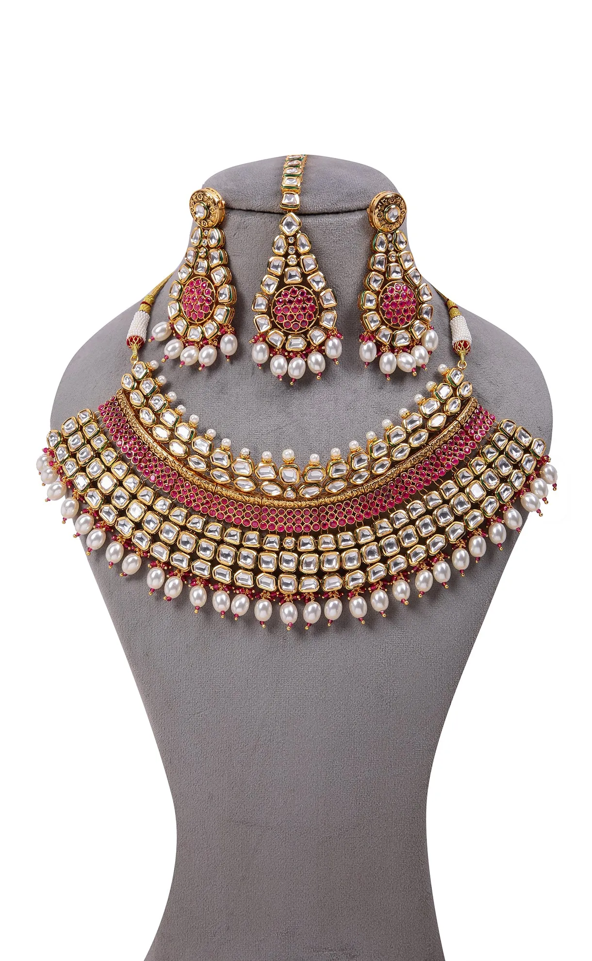 Bridal Gold Plated Royal Kundan, Ruby & Beads Necklace with Earrings (D1163)
