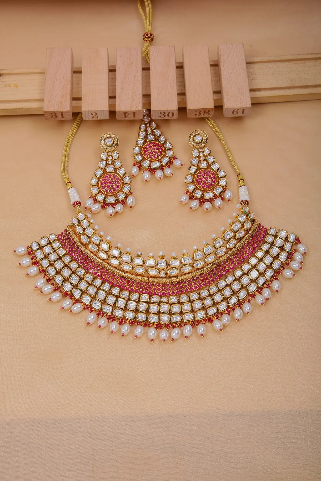 Bridal Gold Plated Royal Kundan, Ruby & Beads Necklace with Earrings (D1163)