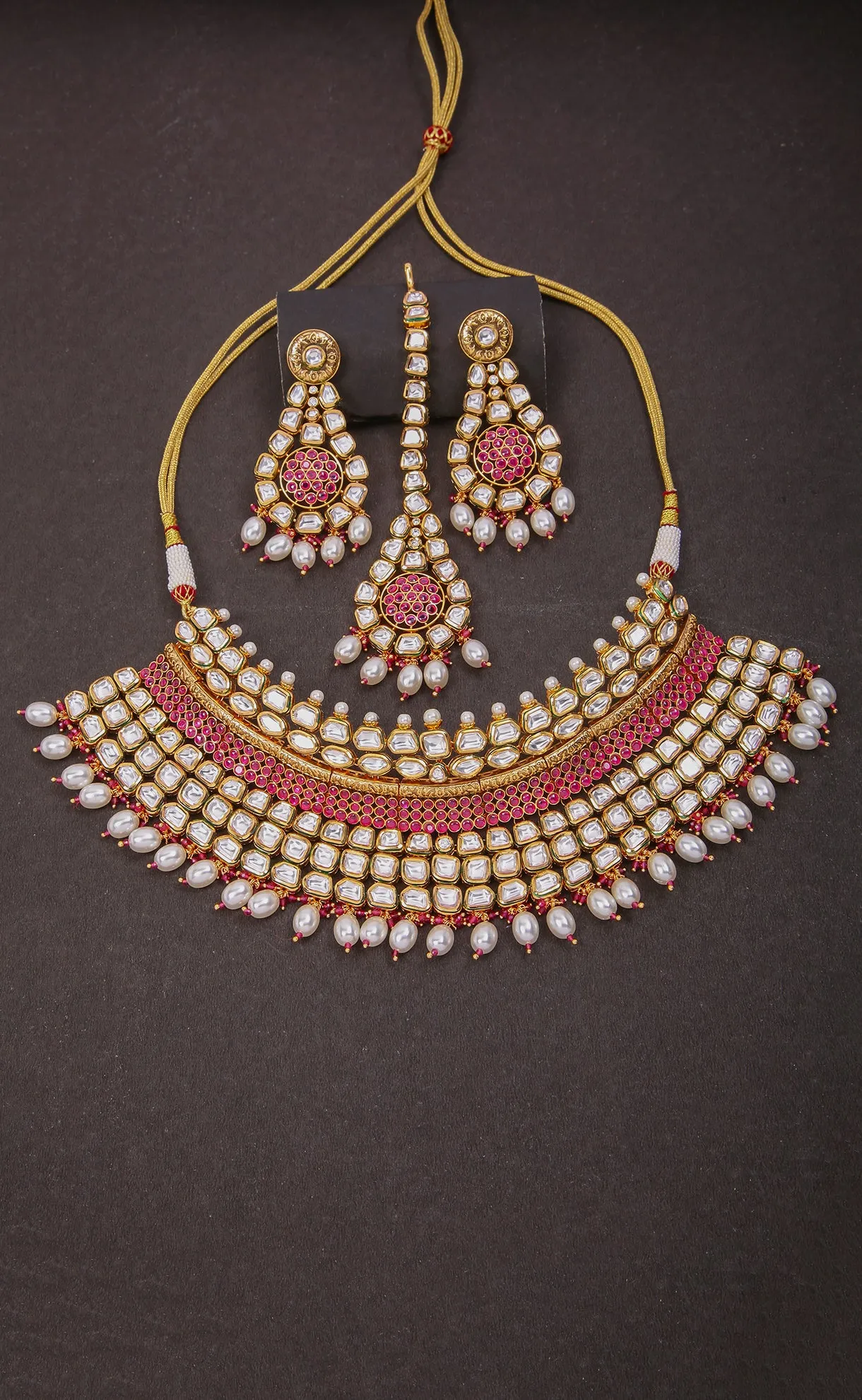 Bridal Gold Plated Royal Kundan, Ruby & Beads Necklace with Earrings (D1163)