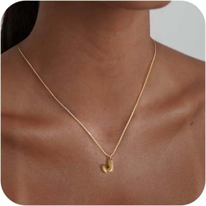Bubble Letter Necklace Gold,14K Gold Plated Bubble Necklace Dainty Initial Necklaces for Women Simple Gold Charm Necklace Cute Name Necklace Personalized Trendy Jewelry Gifts for Women