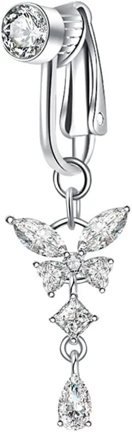 Butterfly Fake Belly Button Rings for Women Stainless Steel Dangle Non-Piercing Fake Belly Piercing Clip On Cubic Zirconia Navel Rings Dainty Body Jewelry