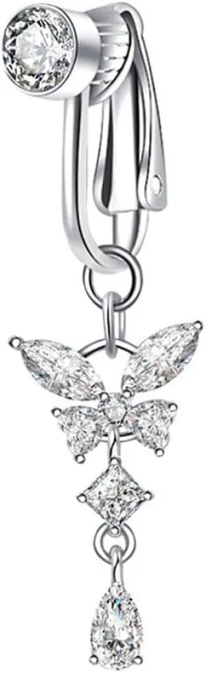Butterfly Fake Belly Button Rings for Women Stainless Steel Dangle Non-Piercing Fake Belly Piercing Clip On Cubic Zirconia Navel Rings Dainty Body Jewelry