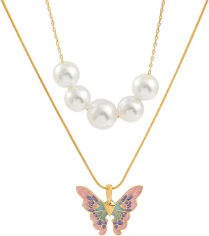 Butterfly Necklace for Women Dainty Layer Necklace Pearl Beaded Necklace Butterfly Pendant Necklace Jewelry Gift