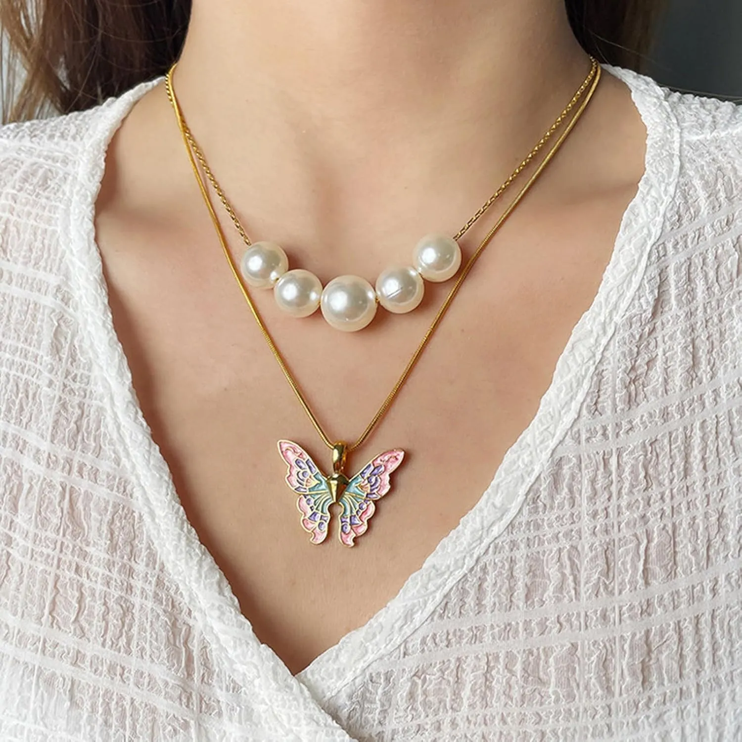Butterfly Necklace for Women Dainty Layer Necklace Pearl Beaded Necklace Butterfly Pendant Necklace Jewelry Gift