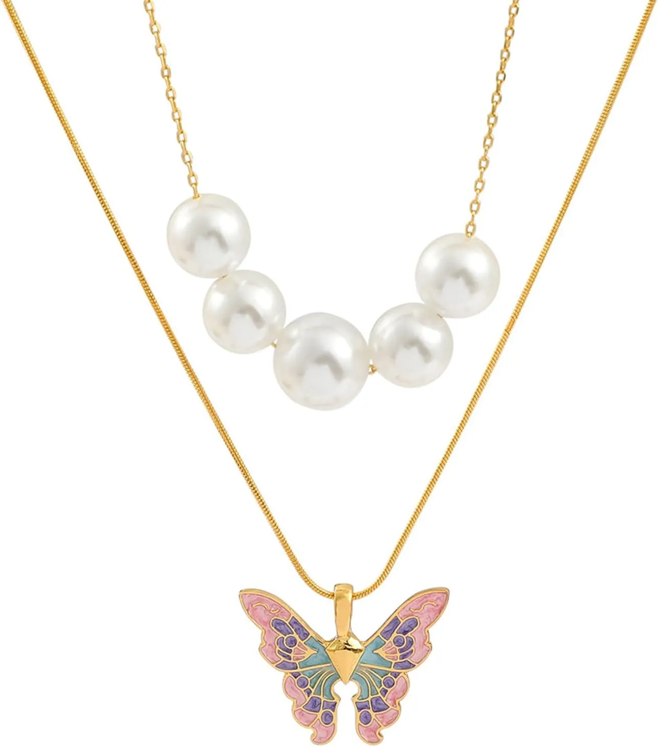 Butterfly Necklace for Women Dainty Layer Necklace Pearl Beaded Necklace Butterfly Pendant Necklace Jewelry Gift