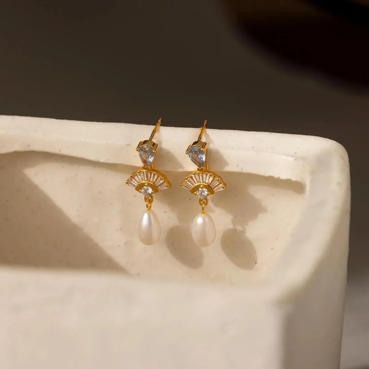 CAITLYNMINIMALIST 18K Gold Plated Sterling Silver Gemstone Crystal Pearl Drop Earrings Dainty CZ Dangle Studs for Women Gift for Her