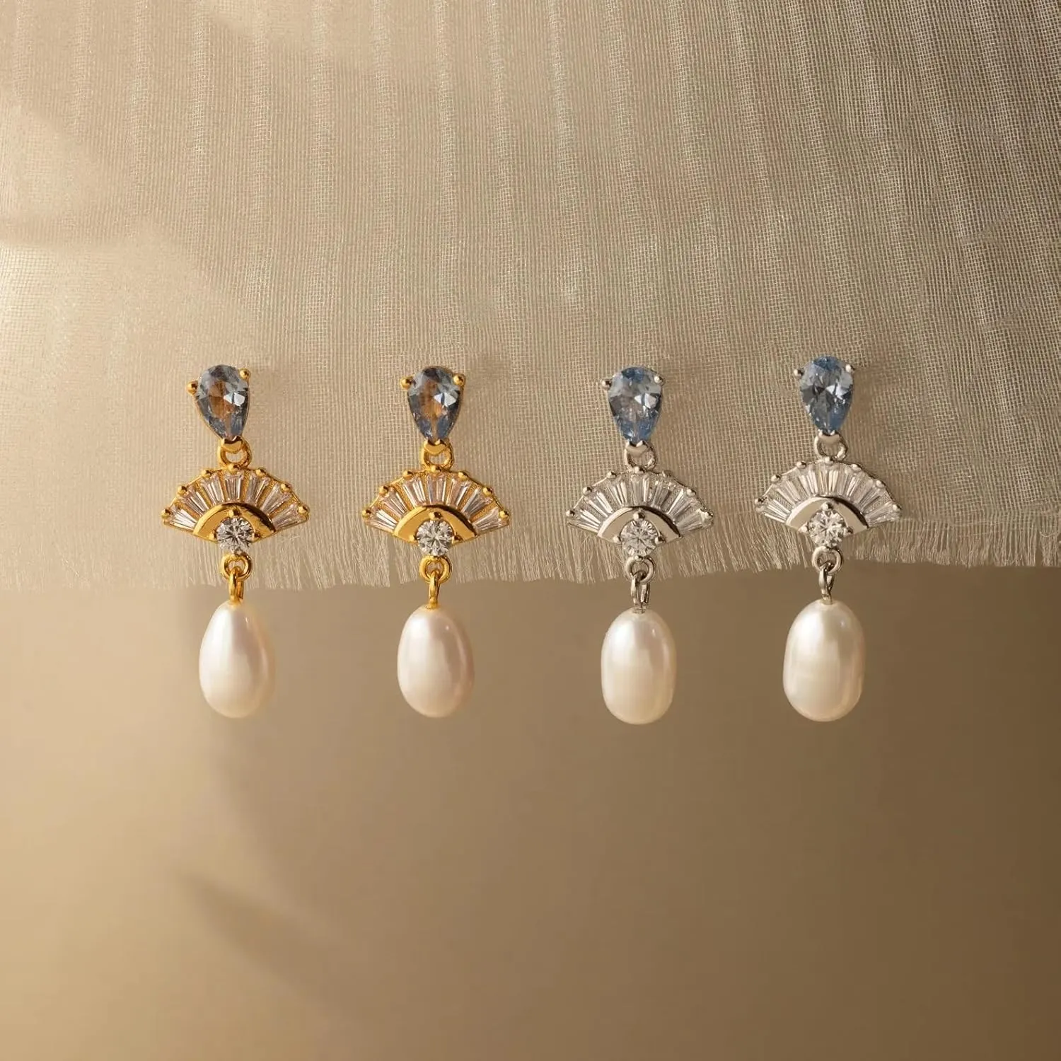 CAITLYNMINIMALIST 18K Gold Plated Sterling Silver Gemstone Crystal Pearl Drop Earrings Dainty CZ Dangle Studs for Women Gift for Her