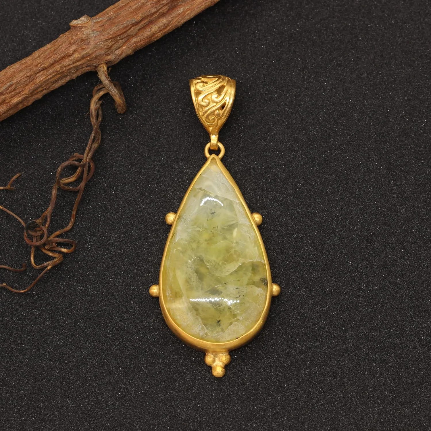 Caprixus 925 Sterling Silver Natural Yellow Prehnite Gemstone Pendant Pear Teardrop Cabochon 24K Yellow Gold Vermeil Handmade Ancient Granulated Designer One of a Kind Unique Turkish Fine Jewelry
