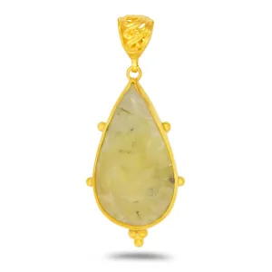 Caprixus 925 Sterling Silver Natural Yellow Prehnite Gemstone Pendant Pear Teardrop Cabochon 24K Yellow Gold Vermeil Handmade Ancient Granulated Designer One of a Kind Unique Turkish Fine Jewelry