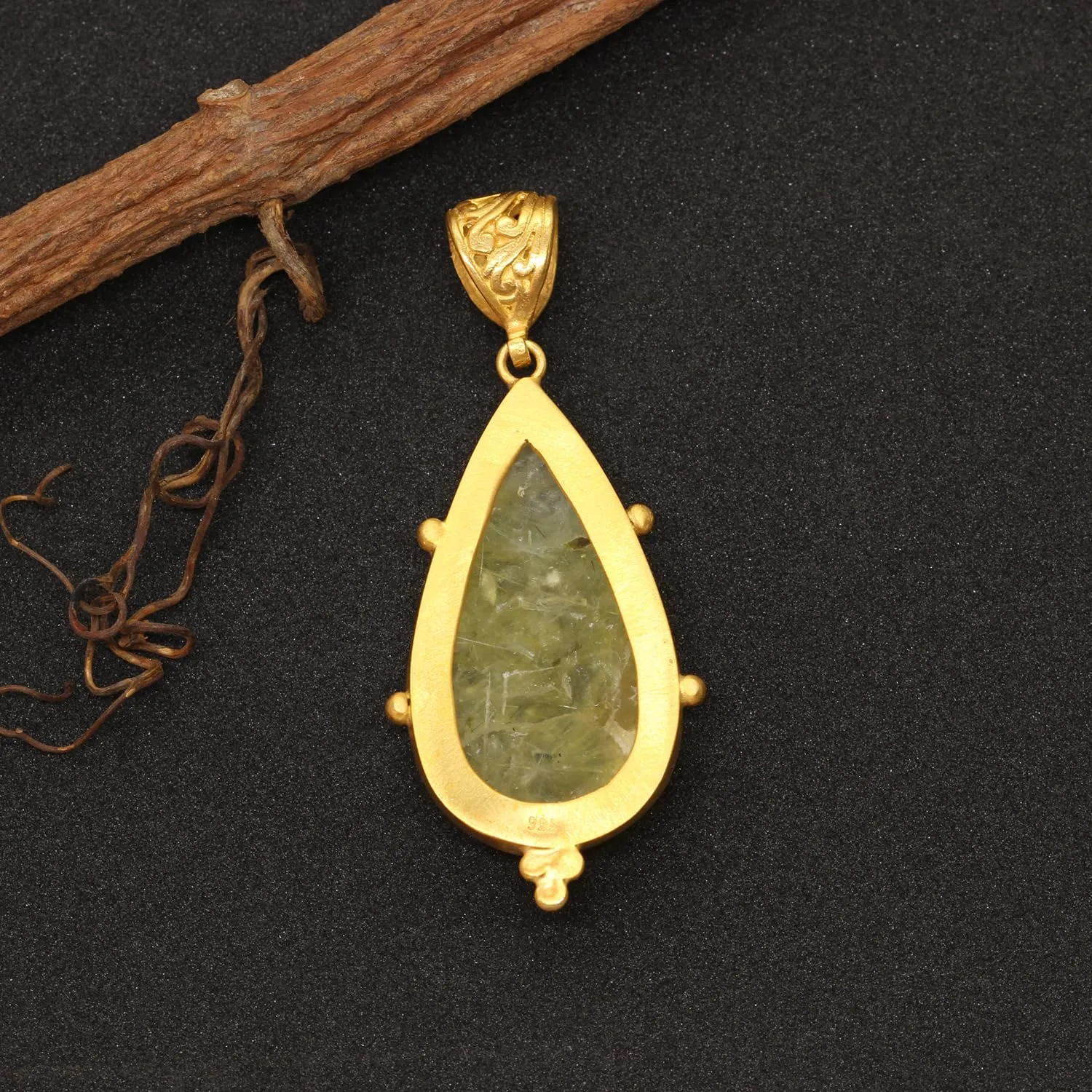 Caprixus 925 Sterling Silver Natural Yellow Prehnite Gemstone Pendant Pear Teardrop Cabochon 24K Yellow Gold Vermeil Handmade Ancient Granulated Designer One of a Kind Unique Turkish Fine Jewelry