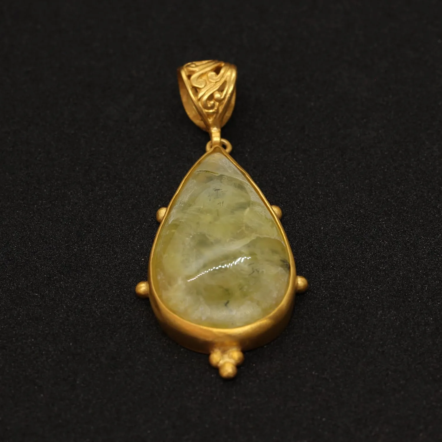 Caprixus 925 Sterling Silver Natural Yellow Prehnite Gemstone Pendant Pear Teardrop Cabochon 24K Yellow Gold Vermeil Handmade Ancient Granulated Designer One of a Kind Unique Turkish Fine Jewelry